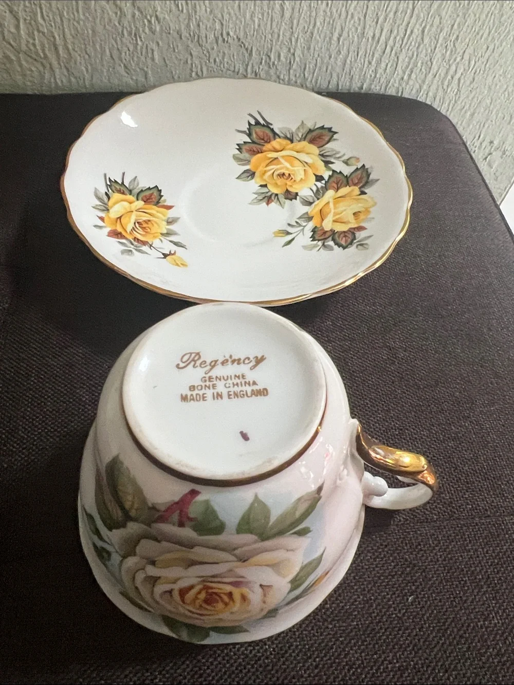 2987*Vintage White Porcelain Tea Cup & Saucer with Yellow Rose Motif & Gold Trim